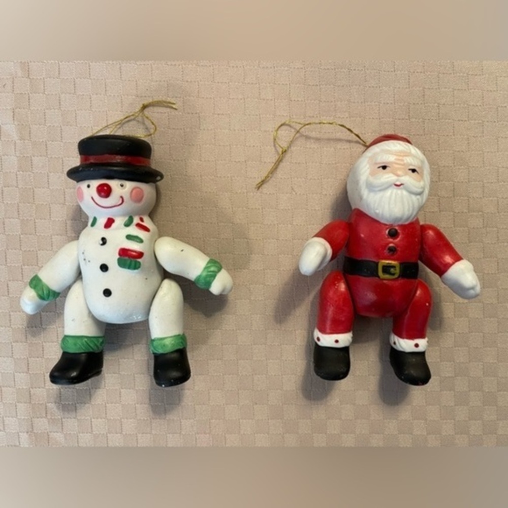Vintage ceramic jointed 4” Santa Claus & Snowman ornaments.